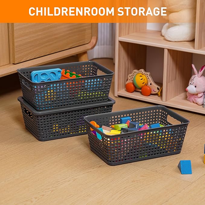 Plastic Storage Baskets With Lid, Storage Bins for Organizing, Stackable Decorative Containers for Shelves Drawers Desktop Closet Playroom Classroom Office, 8 Pack-Grey