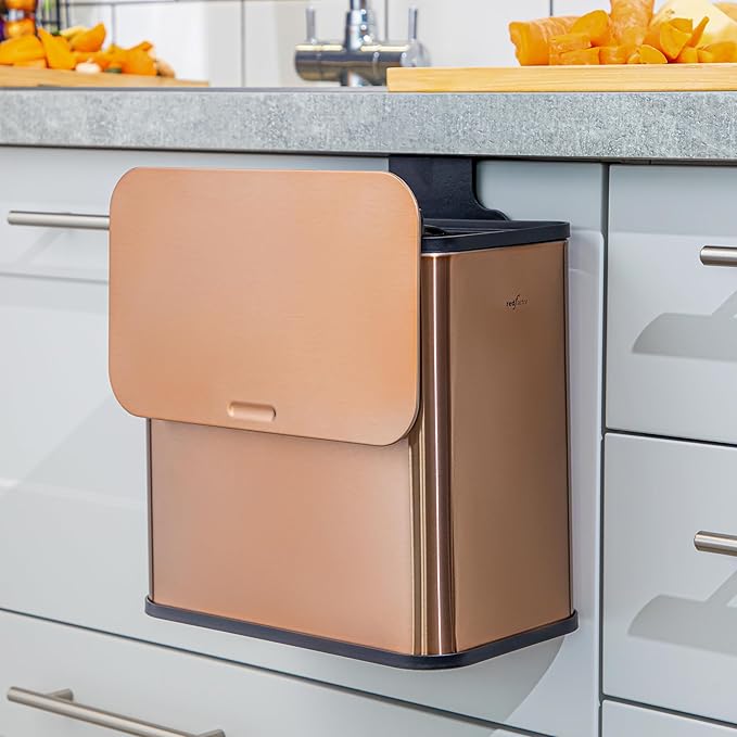 RedFactor Stainless Steel Hanging Trash Can with Lid and Inner Bucket – Slim 1.3 Gallon Odor-Free Compost Bin for Kitchen Cabinet, Countertop, Under Sink, or Bathroom (Copper)