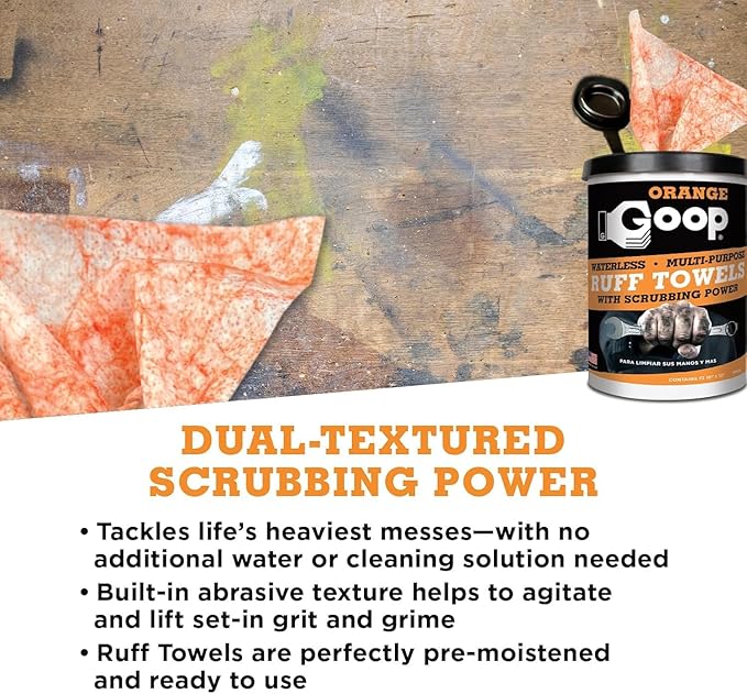 GOOP Heavy Duty Ruff Towels with Scrubbing Power, 10” x 12” Dual Textured Multi-Purpose Cleaning Wipes, Removes Dirt, Grease, Oil - 6 Pack