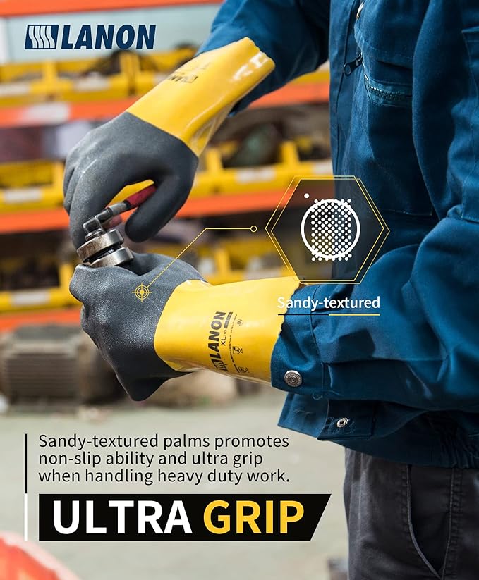 LANON PVC Chemical Gloves, Thick Rubber Work Gloves, Heavy-Duty, EN 374/388, Acid, Alkali and Oil, Non-Slip, XXL