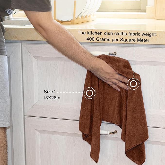 kimteny 13x28 Inches Kitchen Cloth Dish Towels, 400 GSM Premium Dishcloths, Super Absorbent Coral Velvet Microfiber Cleaning Cloths, Fast Drying Rags for Washing Dishes (12 Pack, Brown)