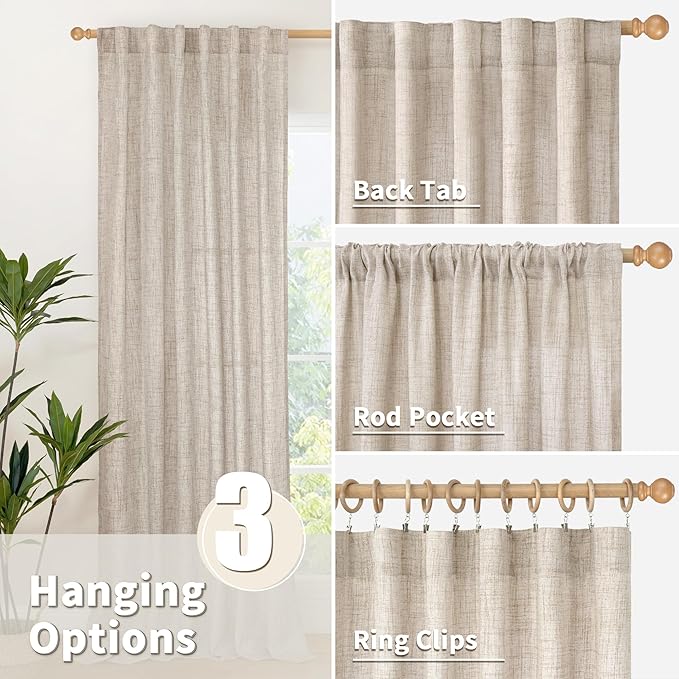 YoungsTex Linen Curtains Floor Length 102 Inch Long for Living Room Back Tab and Rod Pocket Light Filtering Window Drapes for Dining Room Bedroom, 52 X 102 Inch, 2 Panels