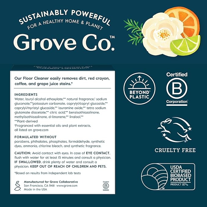 Grove Co. Floor Cleaner Refill Concentrate (6 x 1 Fl Oz) Plant-based Household Cleaning Supplies, Ammonia & Chlorine Free, No Plastic Waste, 100% Natural Orange & Rosemary Scent, 3 x 2 Pack Refills