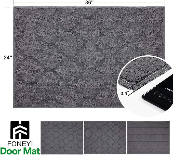 FONEYI Indoor Door Mat, Entrance Rug 24" x 36" Non-Slip Rubber Backing, Machine Washable Entry Rug, Low Profile Absorbent Dirt Trapper Doormat Inside Floor Mats for Entryway, Grey