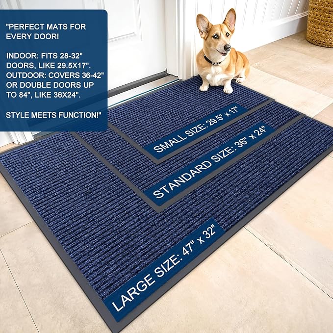OLANLY Front Door Mat Indoor Outdoor Entrance, Waterproof Heavy Duty Doormat, Fade Resistant, Low Profile, Easy Clean Patio Porch Welcome Floor Mats for Entry, 40x32, Blue