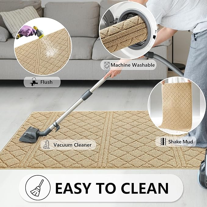 REFETONE Indoor Doormat, Front Back Door Mat 36"x59" Absorbent Rubber Backing Non Slip Door Mats, Low-Profile Resist Dirt Entrance Rugs, Machine Washable Door Rug Inside Floor Mat for Entryway, Beige
