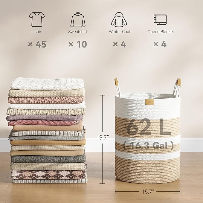 62L Striped Laundry Hamper with Leather Handles,Large Foldable Laundry Basket for Clothes,Cotton Rope Storage Bin for Blankets,Woven Clothes Basket for Bedroom, Beige Stripes