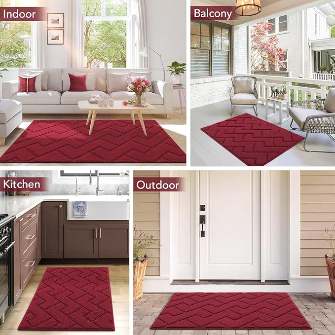 hicorfe Front Door Mat Outside Entrance,32"x40" Absorbent Muddy Dirt Resist Welcome Door Mats Outdoor Indoor,Stain and Fade Resistant,Non Slip Backing Entry Mat Doormat for Entryway(Red)
