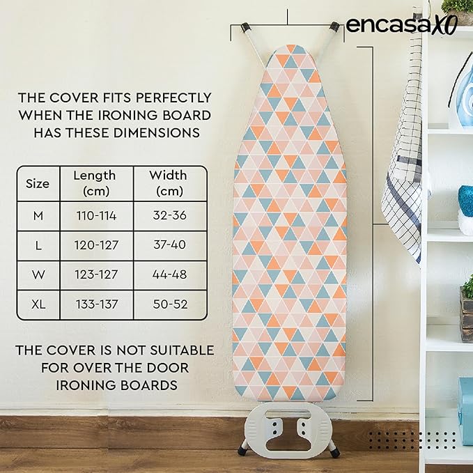 Encasa XO Ironing Board Cover and Pad - Thick 4mm Felt, Heat & Scorch-Resistant, Fits Wide Boards 49"x18", Elastic Bungee Cord Tightening, Easy Fit, Stain-Safe Dye, Multistripe