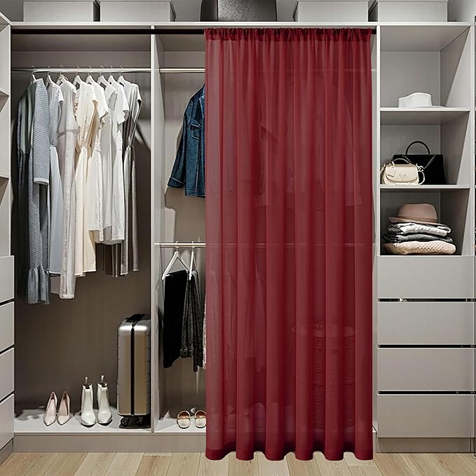 Tollpiz Sheer Door Curtain Closet Linen Textured Curtains Sheer Doorway Light Filtering Voile Patio Glass Door Rod Pocket Curtain French Door, 54 x 72 inches Long, Burgundy Red, Set of 1 Panel