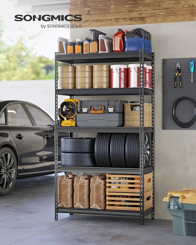 SONGMICS 5-Tier Storage Shelves, Heavy-Duty Garage Shelving, Adjustable Shelving Unit, Steel Shelf, Boltless Assembly, for Garage, 2,250 lb Load, 18 x 108 x 72 Inches, Ink Black UGLR453B03