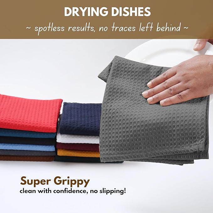 Native Fab Cotton Kitchen Towel - 16x26 inches, 6 Pack, Waffle Weave Kitchen Towels for Cleaning, Drying, Washcloths with Hanging Loop, Soft & Absorbent Dish Cloths, Grey