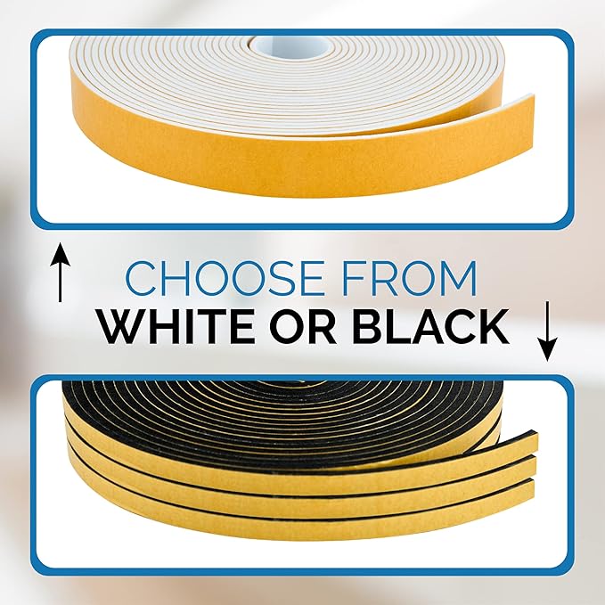 High Density Foam Weather Stripping Door Seal Strip Insulation Tape Roll for Insulating Door Frame, Window, Air Conditioner | Self Adhesive Sealing Weatherstrip (Black, 1/2 in x 1/4 in 30 Ft)