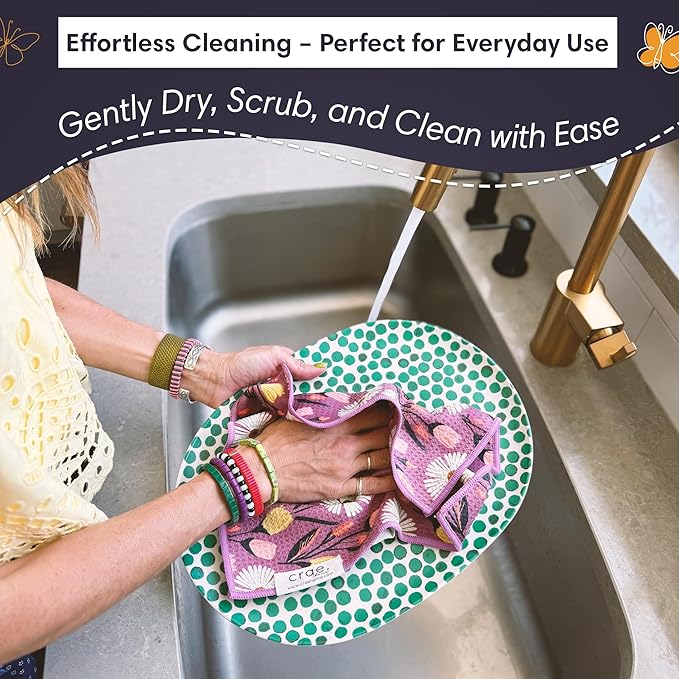 Microfiber Hand Towel & Washcloth Set of 2 - Double-Sided, Waffle Weave, Super Absorbent, Lint-Free, Fast Drying - Wings & Flower Farm Pattern for Bathroom, Kitchen, Car, and Window Cleaning