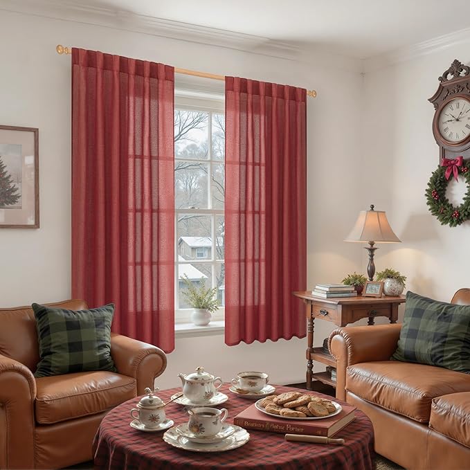 YoungsTex Red Linen Curtains 63 Inch Length 2 Panels for Living Room - Christmas Semi Sheer Window Drapes with Back Tab Rod Pocket Light Filtering for Bedroom, 52 X 63 Inch
