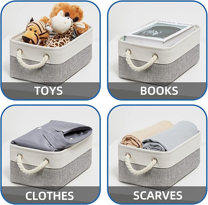 Temary Small Storage Baskets for Organizing 6Pcs Small Storage Bins, Decorative Collapsible Fabric Gift Baskets Empty for Home (White&Grey,11.8L x 7.9W x 5.3H inches)