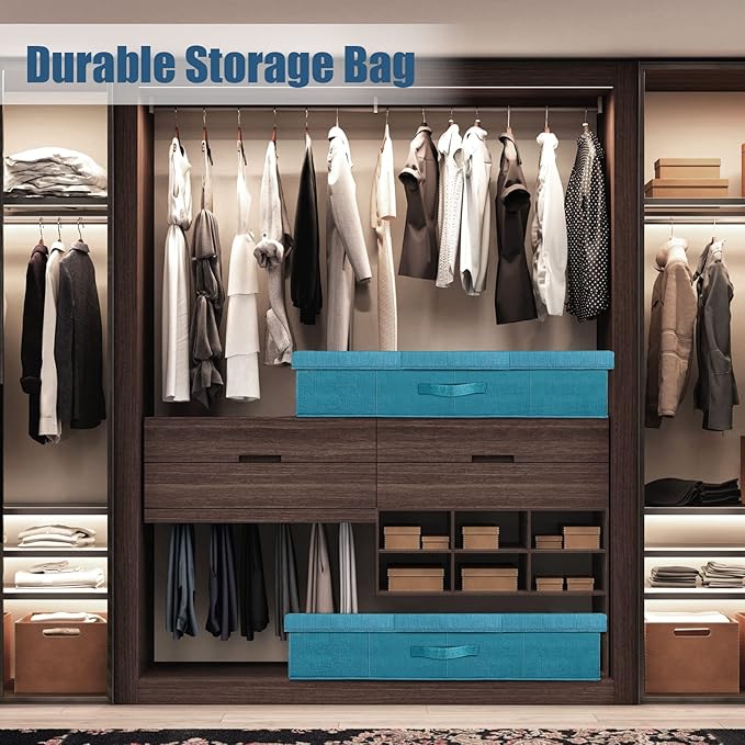 Underbed Storage Containers Bin with Lids (2pcs) Large Under Bed Storage Organizer Box with Handle, Foldable Under the Storage Bags for Organizing Clothes, Shoes, Blankets, Pillows-Cyan blue