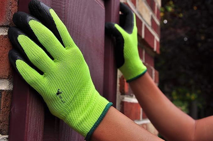 G & F Products G & F 1516 12 Pairs Pack Premium High Visibility Work and gardening Gloves for Men and Women. MicroFoam Textured Coated Palm and Fingers Gloves for Gardening Work, Size Small, Green