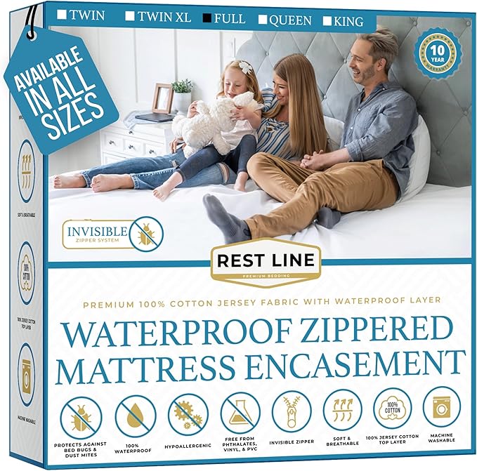 Full/Double 54x75” Premium Waterproof Zippered Mattress Encasement, 100% Cotton, Hypoallergenic, Six Sided Mattress Cover, Invisible Zippered, Soft Breathable up to 15" Deep - Rest Line