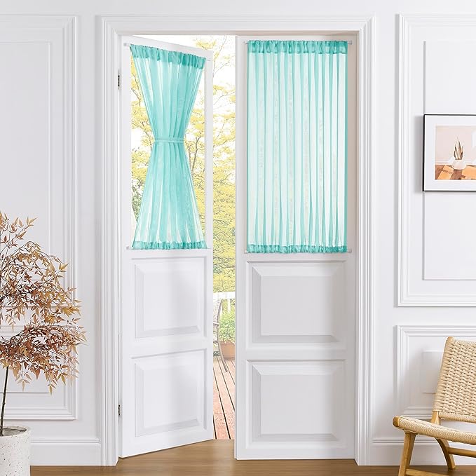Tollpiz Sheer Curtains Closet Linen Textured Curtain Sheers Doorway Light Filtering Voile French Door Rod Pocket Curtains Patio Glass Door, 54 x 63 inches Long, Crystal Blue, Set of 1 Panel