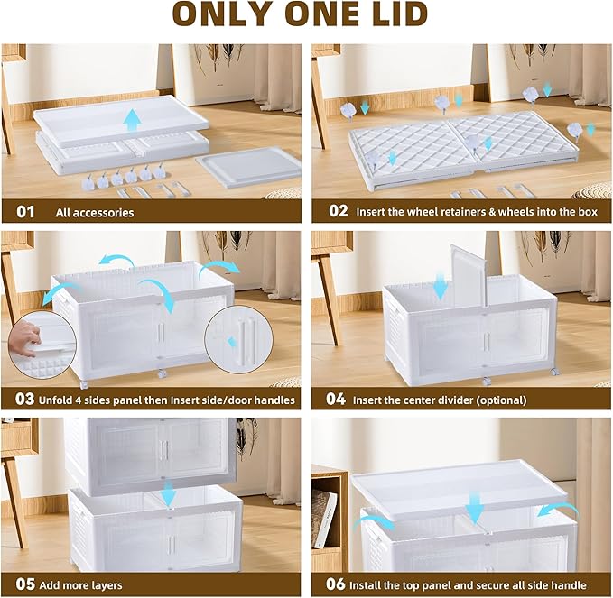 752QT/188Gal 4 Stackable Storage Bins with Lid and 8 doors, Motion Sensor Lights in Cabinets, Large Collapsible Container Box with 6 Wheels, Plastic Foldable Organizer for Home - Pure White