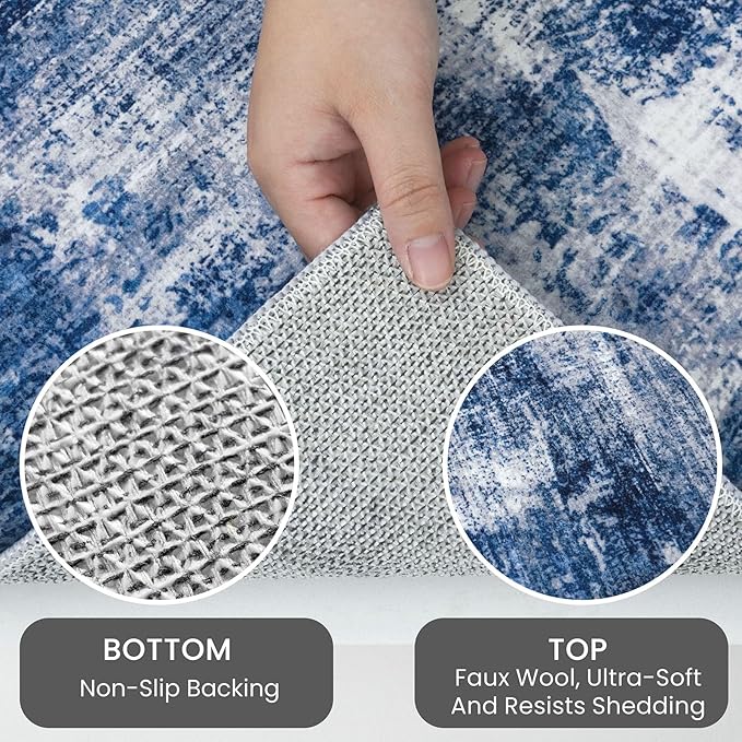 IOHOUZE Abstract Area Rugs 8x10 Ft Washable Large Rugs for Living Room, Non Slip Dining Room Rug, Printed Faux Wool Rugs for Bedroom, Floor Carpet for Office Nursery Playroom, Navy/Grey