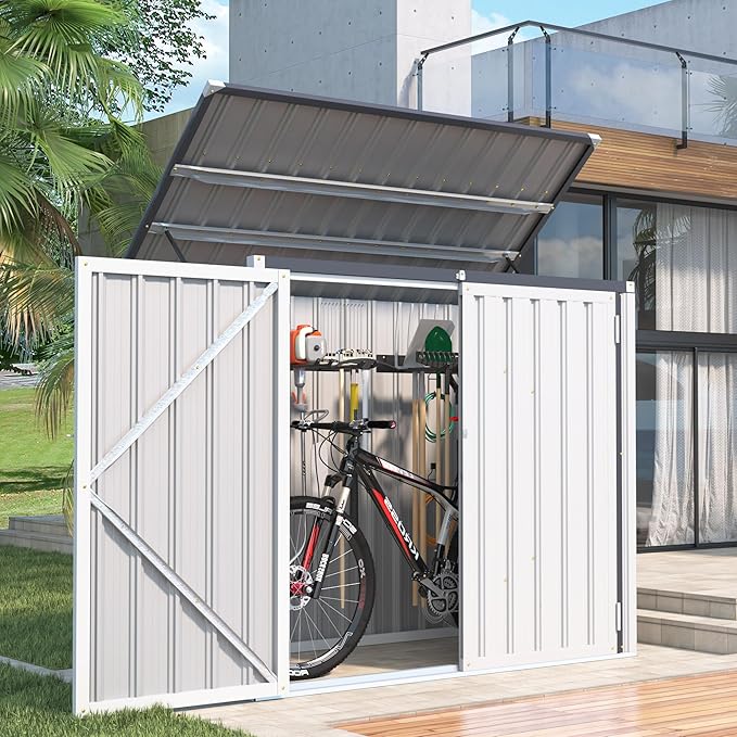 AECOJOY Outdoor Trash Can Storage Shed, 46 Cu.Ft White Trash Can Storage Shed Outdoor Horizontal Storage Cabinet Waterproof, Garbage Can Storage Bicycle Sheds & Outdoor Storage Clearance