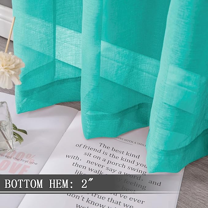 Tollpiz Short Sheer Curtain Linen Textured Bedroom Curtains Sheer Light Filtering Rod Pocket Voile Curtain for Living Room, 54 x 54 inches Long, Aqua Blue, Set of 2 Panels