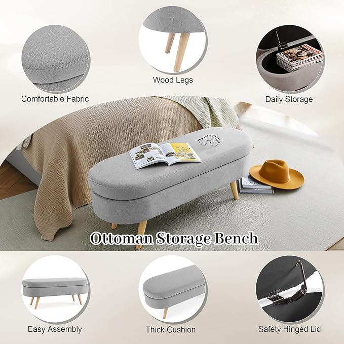 Storage Bench, 43" Storage Ottoman Bench for Bedroom, Upholstered Entryway Benches with Seating, Rubber Wood Legs, Shoe Storages Benches for Bedroom, Living Room, Entryway, Bed Side, Grey
