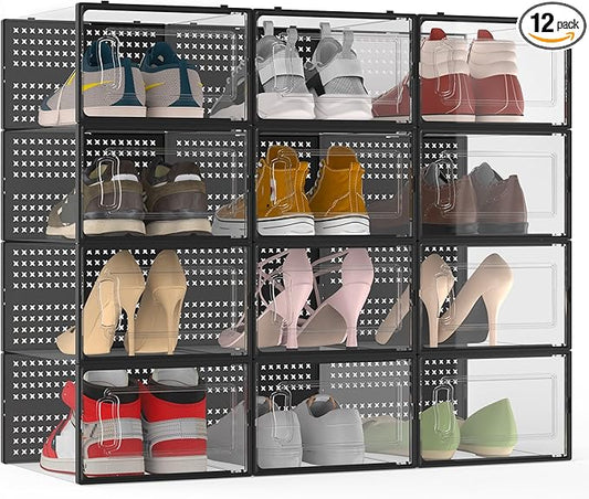 12 Pack XXX-Large Modular Clear Plastic Stackable Shoe Storage Organizer for Closet, Space Saving Versatile Sneaker Shoe Rack Containers Bins Holders, Portable Closet Organizers and Storage, Black