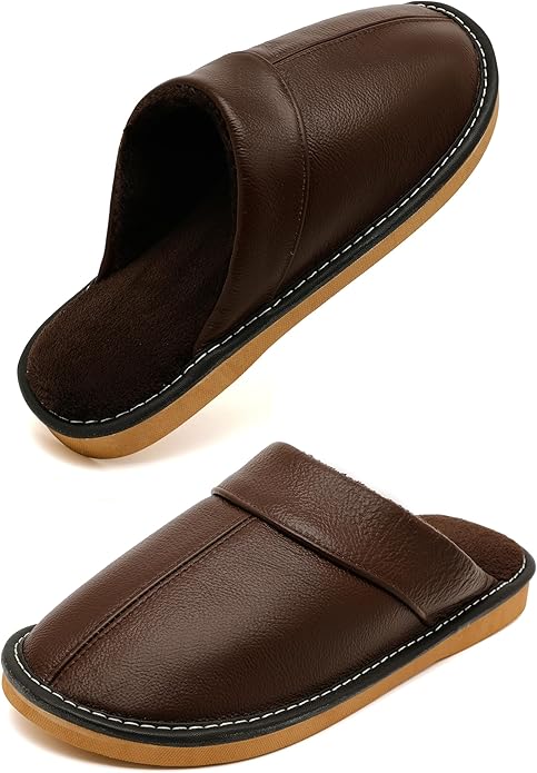 Slippers for Women Men, Genuine Leather Slippers Indoor Outdoor, Fuzzy Bedroom House Shoes for Women Men, Plush Lining Womens Sandals Slip-on