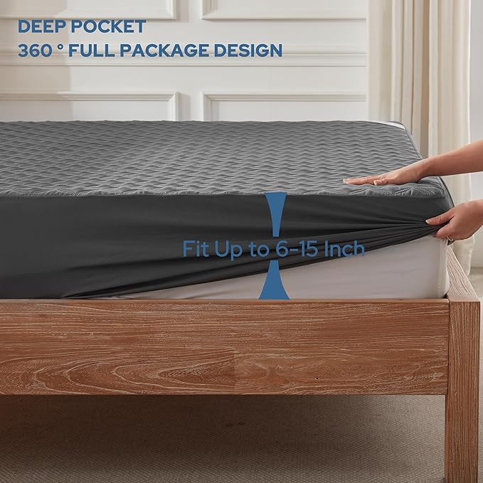 BEDLORE Waterproof Mattress Protector, Noiseless Full Size Mattress Pad with Deep Pocket Fitted Up to 6"-15", Soft Dirt-Proof Double Mattress Cover for College Dorm(Gray)