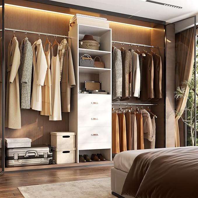 96'' Closet Organizer System with 3 Hanging Rods (Without 3 Storage Shelves), 8FT Closet Systems, Wall Mount Bedroom Wardrobe with 3 Wood Drawers, Adjustable Garment Rack from 5 to 8FT, White