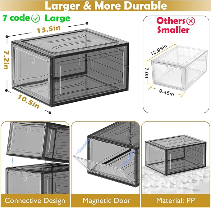 12 Pack Clear Shoe Storage Organizer with Magnetic Door, Stackable Plastic Shoe Boxes for Sneakers, Boots, and Heels, Space-Saving Foldable Shoe Rack for Closet, Durable Shoe Cabinet Organizer, Black