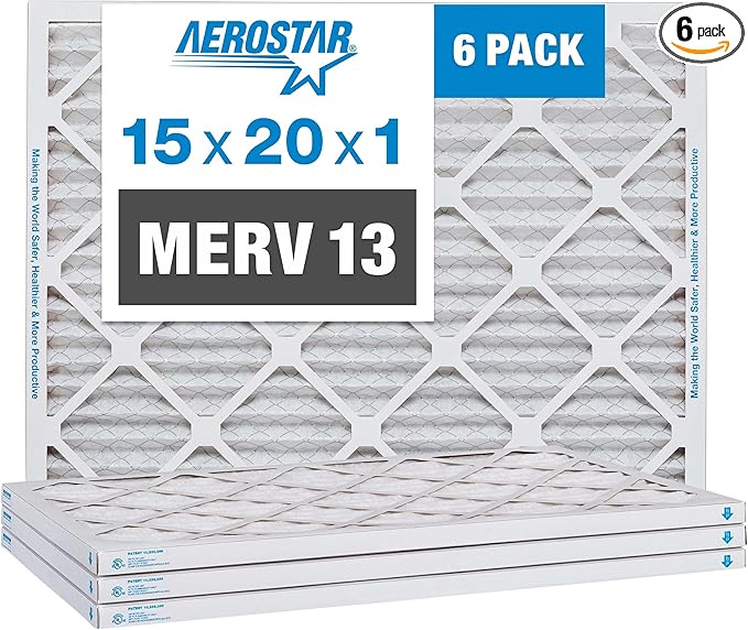 Aerostar 15x20x1 MERV 13 Pleated Air Filter, AC Furnace Air Filter, 6 Pack (Actual Size: 14 1/2" x 19 1/2" x 3/4")