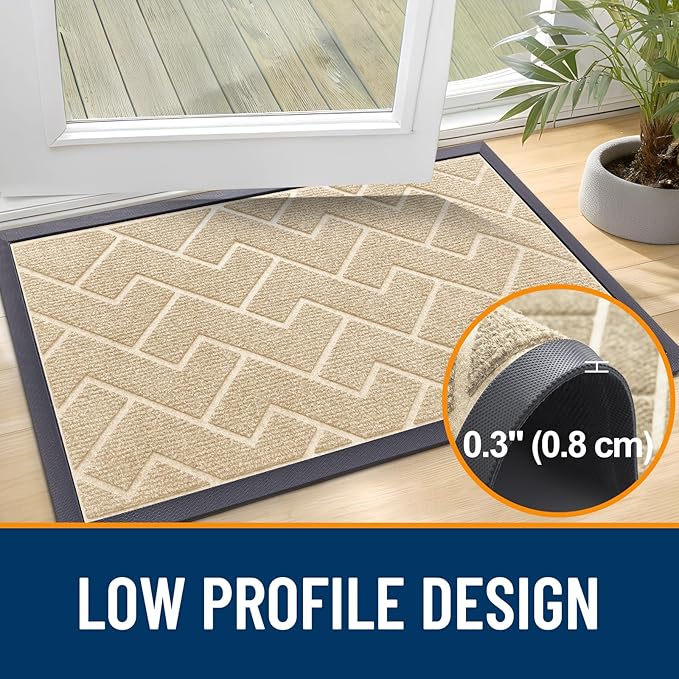 OLANLY Front Door Mat Indoor Outdoor Entrance, Waterproof All-Season, All-Weather Doormat, Sturdy Natural Rubber, Low Profile, Easy Clean Patio Porch Entryway Mat, Herringbone Brick (Beige, 71x47)