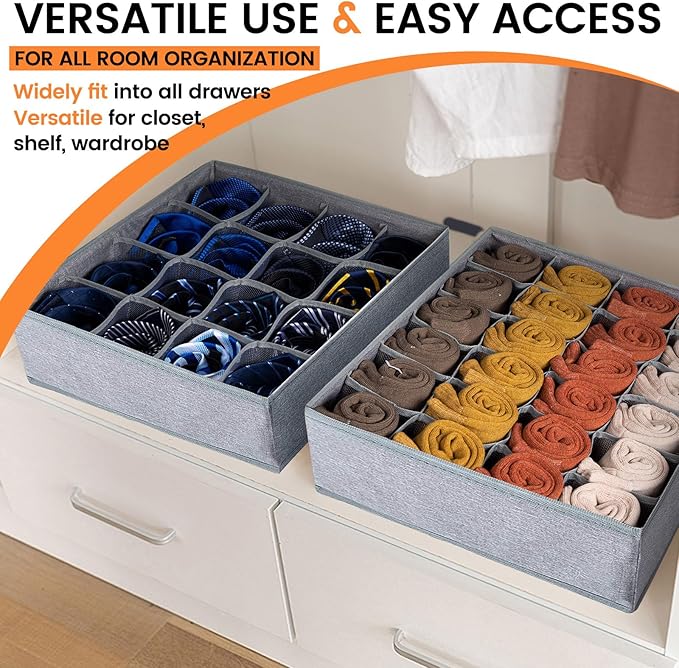 Criusia 3 Pack Sock Underwear Drawer Organizer Dividers, 64 Cell Fabric Foldable Dresser Organizer for Closet Organizers and Storage Boxes for Organizing Socks, Underwear, Ties (16+24+24 Cell, Gray)
