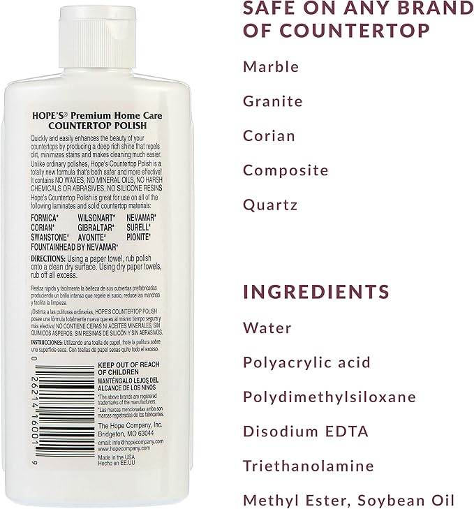 HOPE'S Countertop Restoration Polish, Streak-Free Kitchen Counter Cleaner, No Buildup Countertop Cleaner, Quartz, Marble, Corian, Composite, and Granite Cleaner and Polish, 8 Fl Oz, Pack of 12