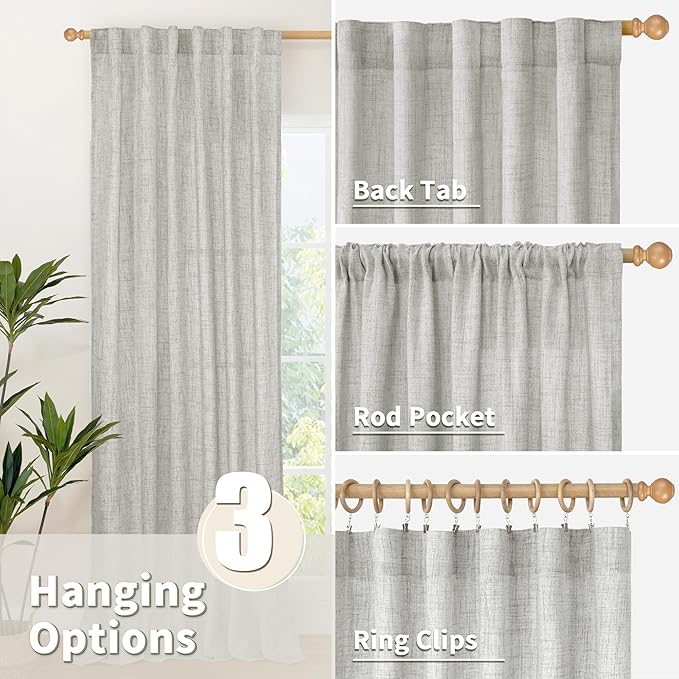 YoungsTex Light Grey Linen Curtains 40 Inches Long for Kitchen Cafe Window, Short Length Semi Sheer Drapes Back Tab Rod Pocket Light Filtering for Bathroom Bedroom, 2 Panels, 42 X 40 Inch