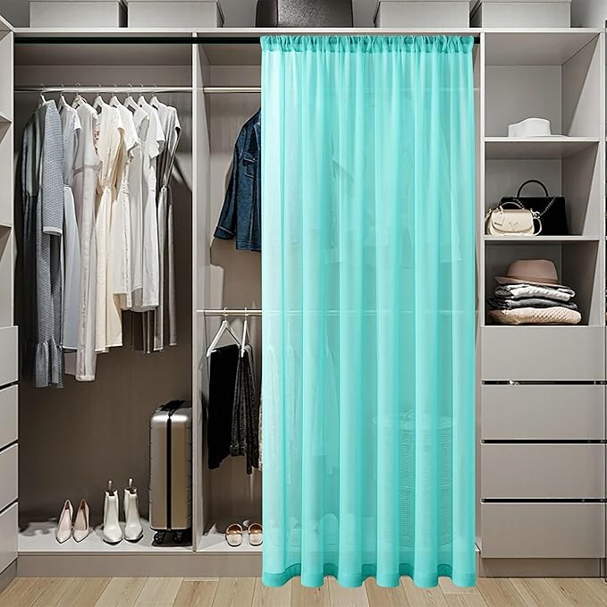 Tollpiz Sheer Door Curtains Closet Linen Textured Curtain Sheers Doorway Light Filtering Voile Patio Door Rod Pocket Curtains French Door, 54 x 80 inches Long, Aqua Blue, Set of 1 Panel