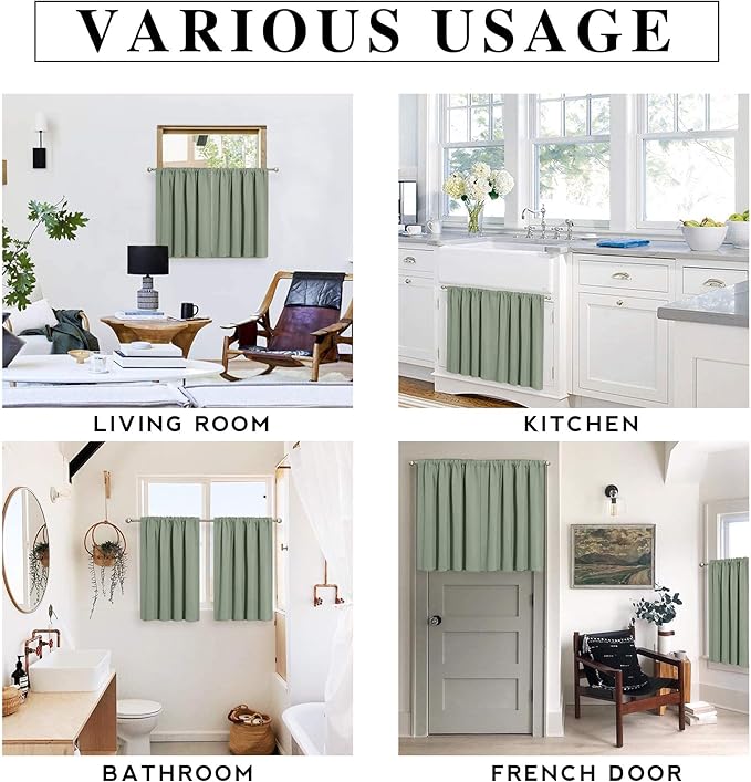 RYB HOME Grayish Green Short Curtains Blackout, 30 inch Durable Cafe Curtains Room Darkening Window Drapes Privacy Protection for Basement Closet Kithen, W29 x L30 inch, 2 Panels