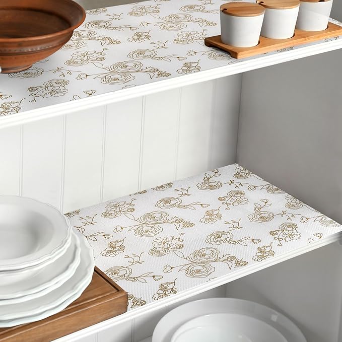 Shelf Cabinet Liner for Kitchen- Non Adhesive Drawer Liner Refrigerator Liner, Premium Waterproof Shelf Paper Protect Surface, Non Slip Easy to Clean Durable EVA Material, Gold Roses, 18 in x 30FT
