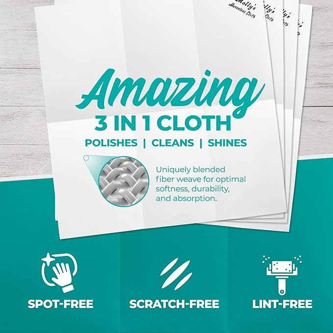 Molly's Marvelous Cloth, Streak-Free, Lint-Free Microfiber Cleaning Cloth, Polishing Cloth for Glass, Stainless Steel, Use for Kitchen, Bath, Cars, Detailing, Reusable(17" by 16") (2pk, White)