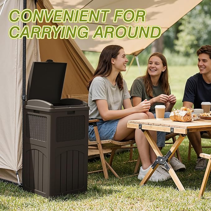 Greesum 33 Gallon Outdoor Trash Can with Lid, Waterproof Resin Garbage Bin for Hideaway, Deck, Patio, Brown