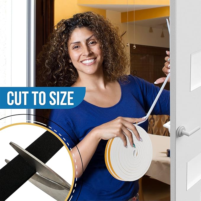 High Density Foam Weather Stripping Door Seal Strip Insulation Tape Roll for Insulating Door Frame, Window, Air Conditioner | Self Adhesive Sealing Weatherstrip (White, 1/2 in x 1/2 in x 30Ft)