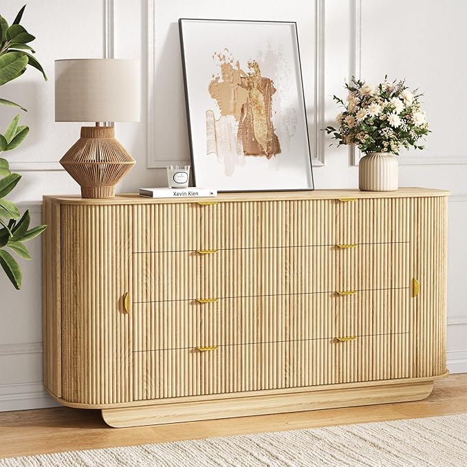63" Tambour Dresser for Bedroom with 8 Drawers, Modern Chest of Drawers with Sliding Doors & 4 Shelves, Fluted Dresser Storage Organizer for Bedroom, Closet, Living Room(Natural)