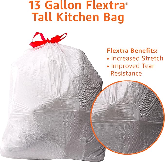 Amazon Basics 13 Gallon Flextra Strength Tall Kitchen Drawstring Trash Bags, Tear Resistant, Clean Fresh Scent, 10% Recycled Content, 50 Count