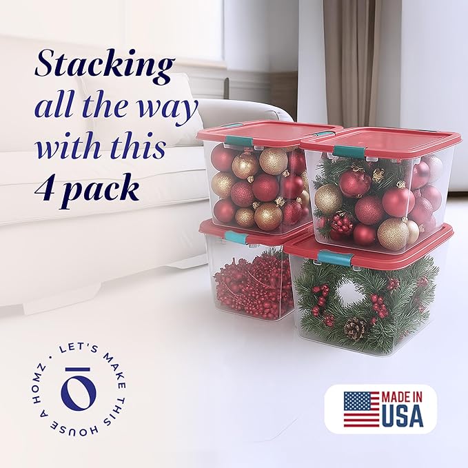 HOMZ 4-Pack Holiday Tote, Plastic Storage Organizer Bins with Lids, 31 Quart, Clear/Red - Stackable Organizing Containers for Home, Garage, and Office