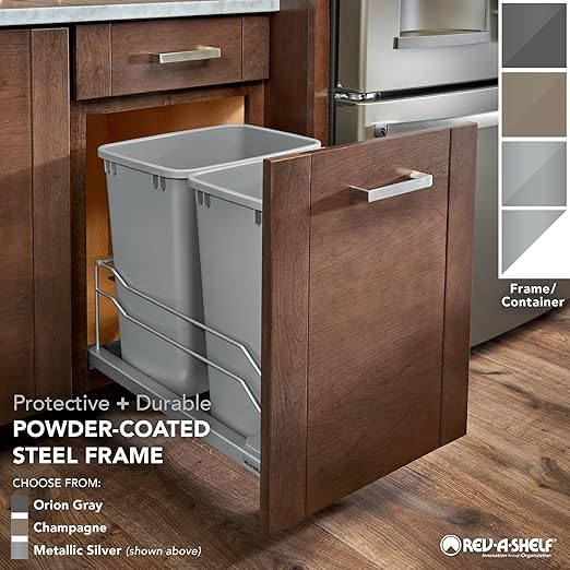 Rev-A-Shelf Double Pullout Trash Can for Base Kitchen Cabinets 27 Quart 12.5 Gallon with Soft-Close Slides, Champagne, 53WC-1527SCDM-212