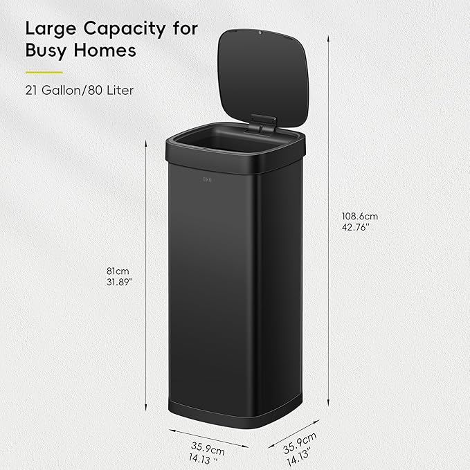 EKO EcoSmart 80L / 21.1 Gallon Motion Sensor Trash Can – Tall, Large Touchless Automatic Kitchen Garbage Bin with Soft-Close Lid for Home or Office, Brushed Stainless Steel, Matte Black
